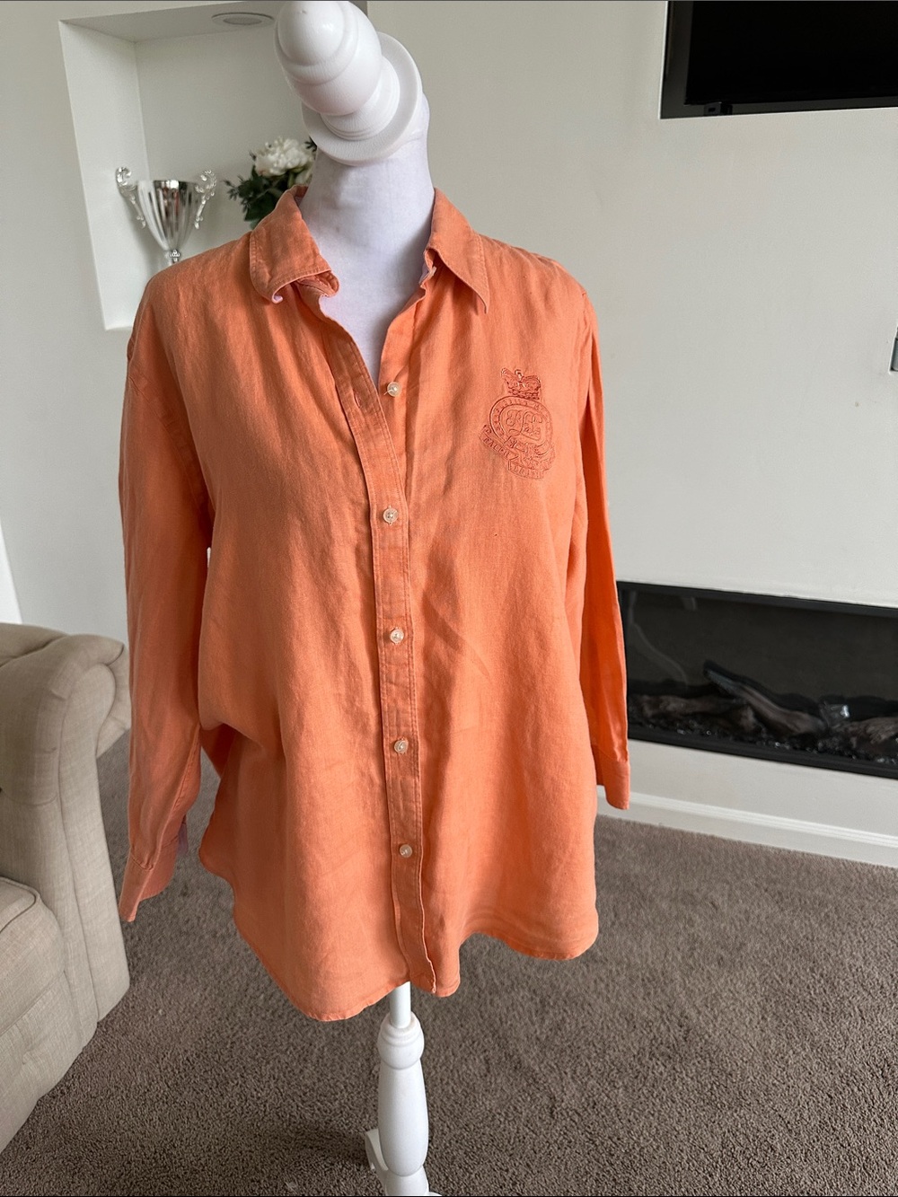 Lauren Ralph Lauren Orange Linen Button-Down Shirt - Picture 1 of 9